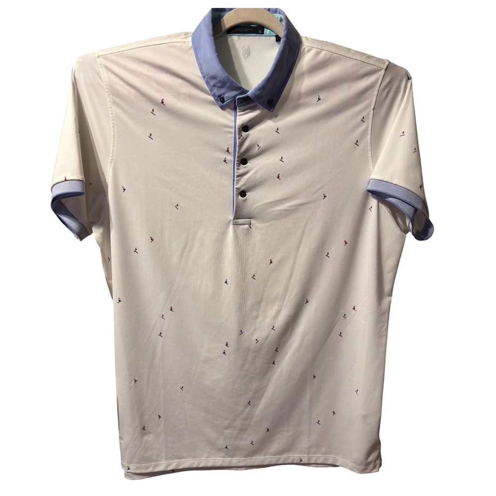 GREYSON Men's XL White Golf Polo Shirt All Skiing Print Short Sleeve Button Down